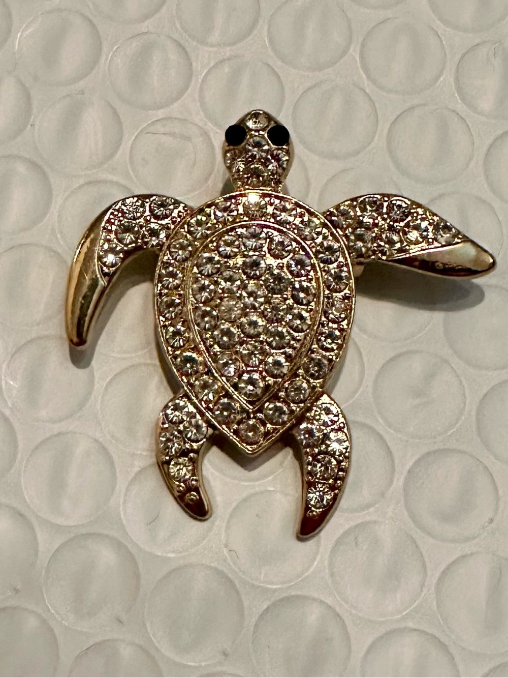 Vintage Rhinestone Sea Turtle Brooch Pin- Gold Tone